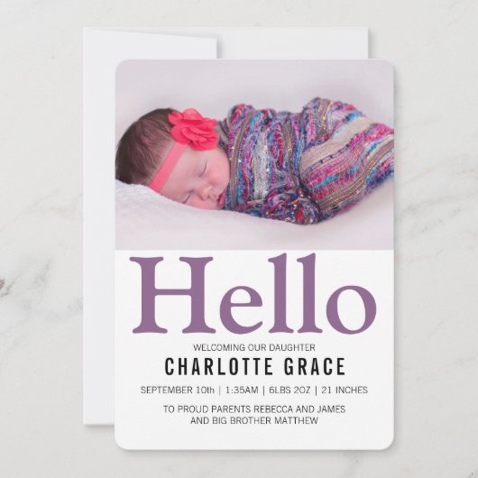 hallo New Baby Paars Personalized Aankondiging (Voorkant)