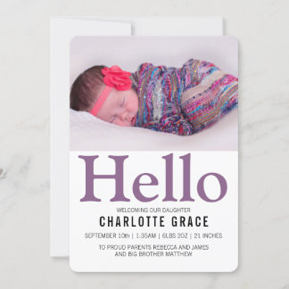 hallo New Baby Paars Personalized Aankondiging