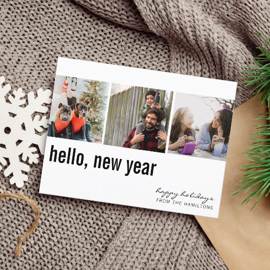 hallo New Year Eenvoudige Typografie Drie Foto Briefkaart