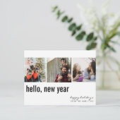 hallo New Year Eenvoudige Typografie Drie Foto Briefkaart (Staand voorkant)