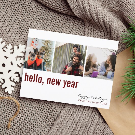 hallo New Year Simple Typography Photo Maroon Briefkaart