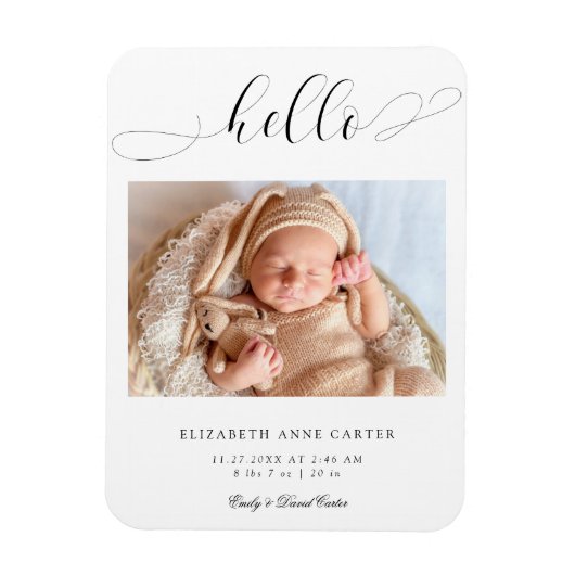 hallo nieuwe baby Calligrafie Swashes Elegant Mini Magneet (Verticaal)