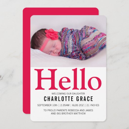 hallo nieuwe baby, helder roze, op maat gemaakt aankondiging (Voorkant / Achterkant)