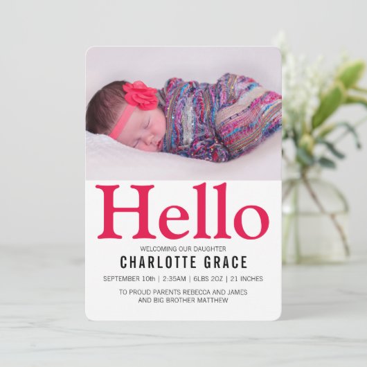 hallo nieuwe baby, helder roze, op maat gemaakt aankondiging (Staand voorkant)