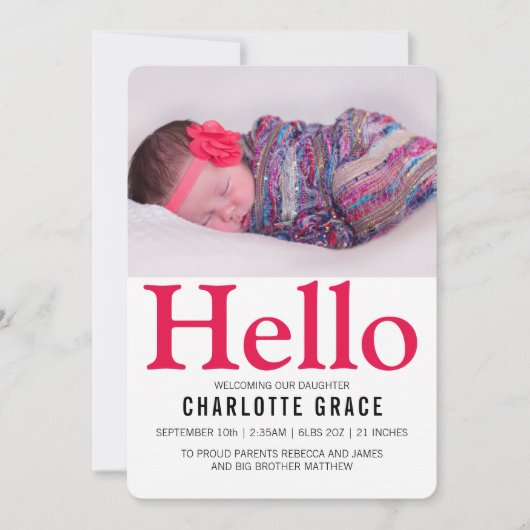 hallo nieuwe baby, helder roze, op maat gemaakt aankondiging (Voorkant)