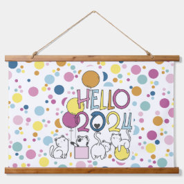 Hallo Nieuwjaar 2024 Met Spelen Katten Hangend Wandkleed