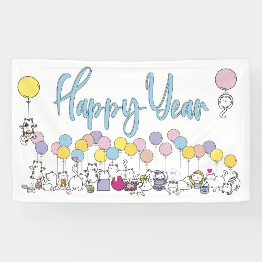 Hallo Nieuwjaar 2024 Met Spelen Katten Spandoek (Horizontaal)