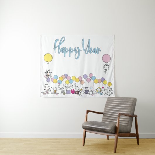 Hallo Nieuwjaar 2024 Met Spelen Katten Wandkleed (In Situ (horizontaal))