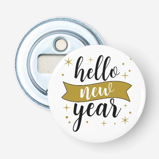 Hallo Nieuwjaar — Wit en Goud  Gelapt Button Flesopener (Voorkant)