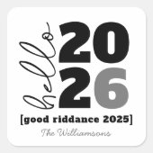hallo nieuwjaar zwarte witte, standaard jaarnaam vierkante sticker (Voorkant)