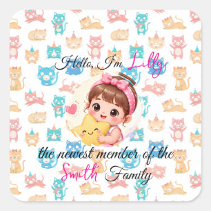 Hallo nieuwste lid van familie patronen kat maatwe vierkante sticker