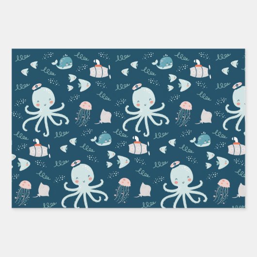 hallo Ocean Octopus en Fish Nautical Blue Kind Inpakpapier Vel (Voorkant)