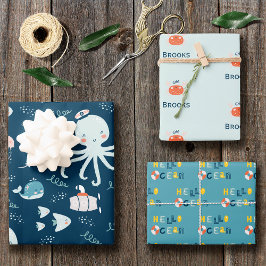 hallo Ocean Octopus en Fish Nautical Blue Kind Inpakpapier Vel