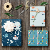 hallo Ocean Octopus en Fish Nautical Blue Kind Inpakpapier Vel