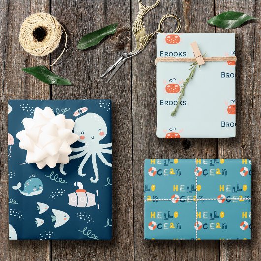 hallo Ocean Octopus en Fish Nautical Blue Kind Inpakpapier Vel