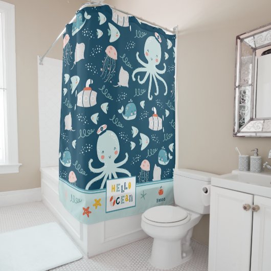 hallo Ocean Octopus Nautical Blue Kind Bathroom Douchegordijn (In situ)