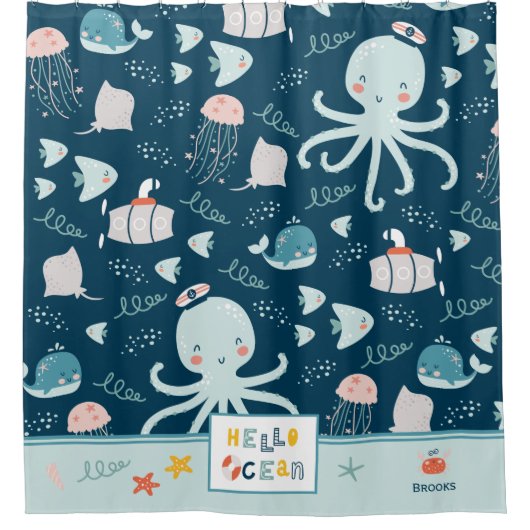 hallo Ocean Octopus Nautical Blue Kind Bathroom Douchegordijn (Voorkant)