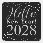 Hallo Oud en Nieuw Feest Zwart Zilver Glitter Vierkante Sticker (Voorkant)