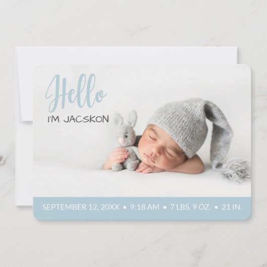 hallo overlay baby foto moderne pastelblauw aankondiging (Voorkant)