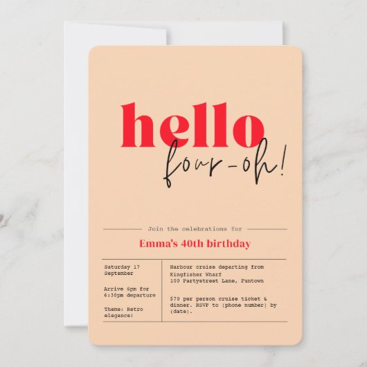 Hallo Peach & Red minimalist "40th bday Kaart (Voorkant)