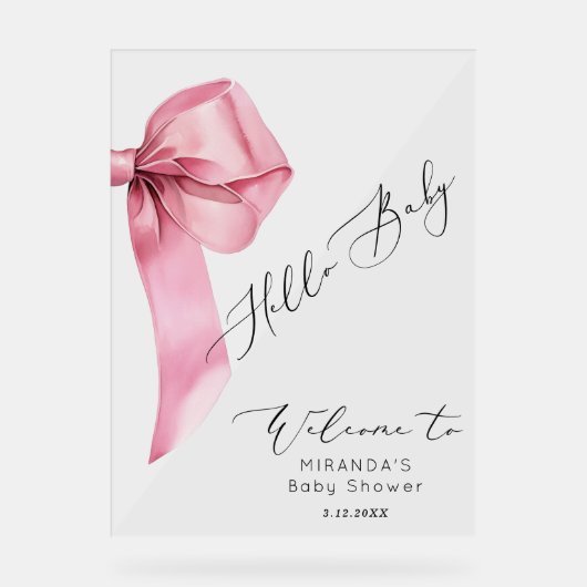 Hallo Pink Bow? Baby Girl Baby shower Welkom Acryl Bord (Voorkant)