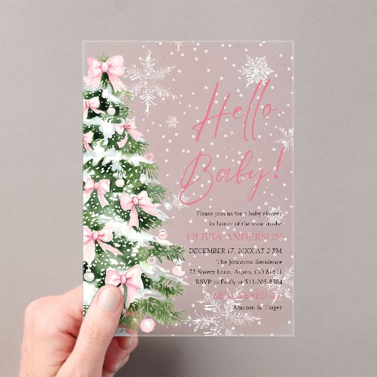 Hallo Pink Bow Girl Christmas Baby Baby shower Acryl Uitnodigingen (Insitu (Draagbaar))