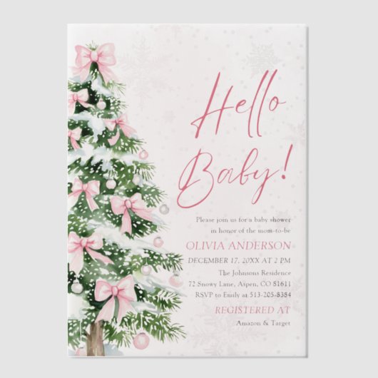 Hallo Pink Bow Girl Christmas Baby Baby shower Vellum Uitnodigingen (Voorkant)