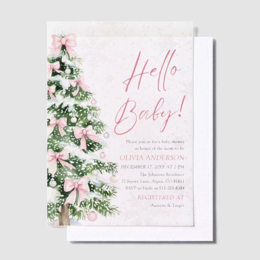 Hallo Pink Bow Girl Christmas Baby Baby shower Vellum Uitnodigingen (Offset)