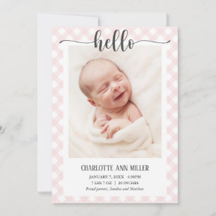hallo Pink Gingham Birth koninklijke Fotokaart Aankondiging