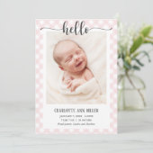 hallo Pink Gingham Birth koninklijke Fotokaart Aankondiging (Staand voorkant)