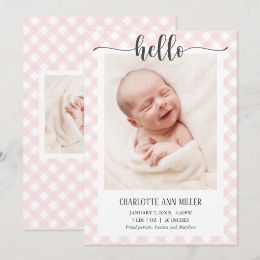 hallo Pink Gingham Birth koninklijke Fotokaart Aankondiging (Voorkant / Achterkant)