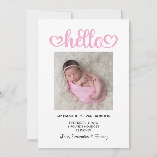 Hallo Pink Hearts Script Birth Aankondiging (Voorkant)