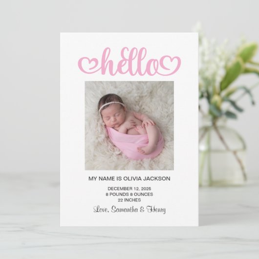 Hallo Pink Hearts Script Birth Aankondiging (Staand voorkant)