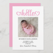 Hallo Pink Hearts Script Birth Aankondiging (Voorkant / Achterkant)