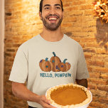 Hallo, Pompoen Herfst Herfstgrafiek T-shirt<br><div class="desc">Dit grafische t-shirt is ideaal voor herfst. Hallo blauwgroen Het bevat illustraties van drie patchwork stijl pompoenen met de slogan.</div>