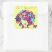 Hallo, Prachtig! Mooie Bloemendame Vierkante Sticker (Tas)