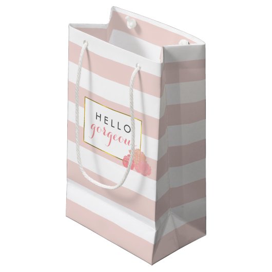 Hallo Prachtige Roze Streep & Blush Peony Gift Bag Klein Cadeauzakje (Voorkant Gekanteld)