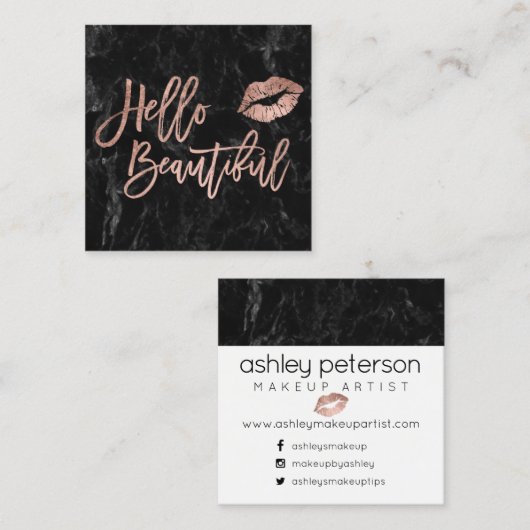 hallo prachtige script roos gouden kus zwarte marm vierkante visitekaartje (Voorkant / Achterkant)