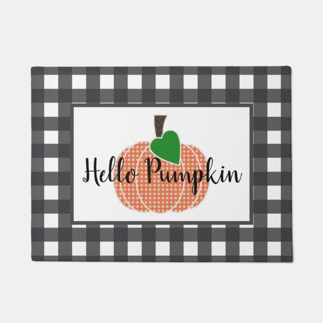 Hallo Pumpkin Oranje Gingham Plaid Pumpkin Deurmat (Voorkant)