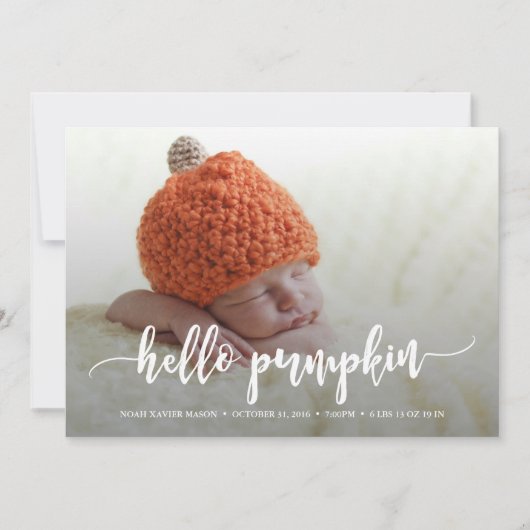 hallo Pumpkin White Script Birth Announding Aankondiging (Voorkant)