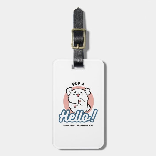 Hallo Pup a! – Happy White Dog Cartoon Design Bagagelabel (Voorkant verticaal)