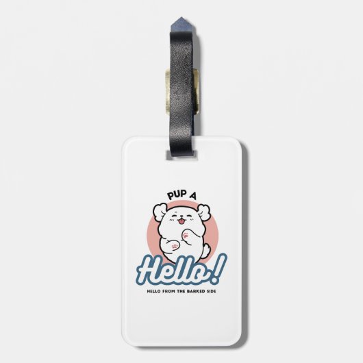 Hallo Pup a! – Happy White Dog Cartoon Design Bagagelabel (Achterkant verticaal)