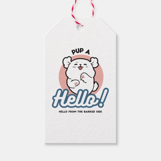 Hallo Pup a! – Happy White Dog Cartoon Design Cadeaulabel (Voorkant)