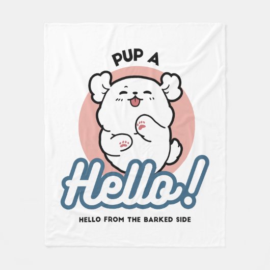 Hallo Pup a! – Happy White Dog Cartoon Design Fleece Deken (Voorkant)