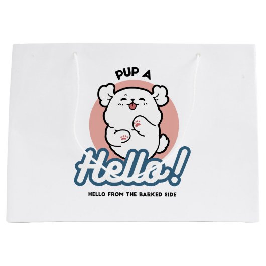 Hallo Pup a! – Happy White Dog Cartoon Design Groot Cadeauzakje (Voorkant)