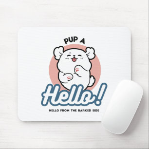 Hallo Pup a! – Happy White Dog Cartoon Design Muismat