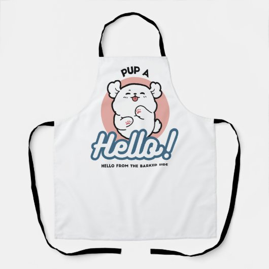 Hallo Pup a! – Happy White Dog Cartoon Design Schort (Voorkant)