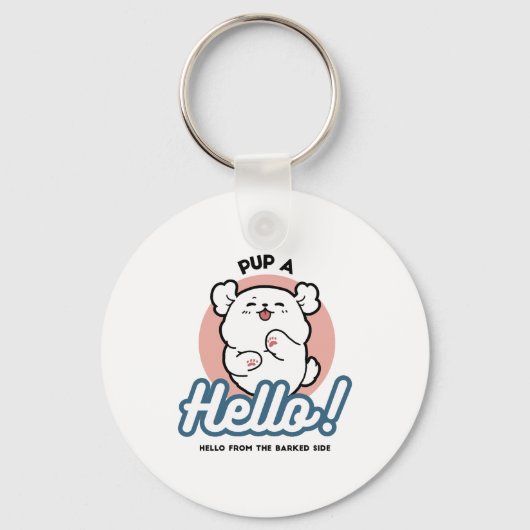 Hallo Pup a! – Happy White Dog Cartoon Design Sleutelhanger (Voorkant)