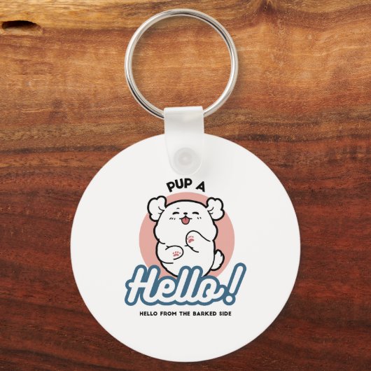 Hallo Pup a! – Happy White Dog Cartoon Design Sleutelhanger (Achterkant)
