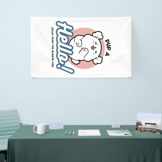 Hallo Pup a! – Happy White Dog Cartoon Design Spandoek (Beurs)